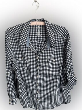 St John’s Bay Gingham Button Up Shirt 3X Blue White Cotton EUC